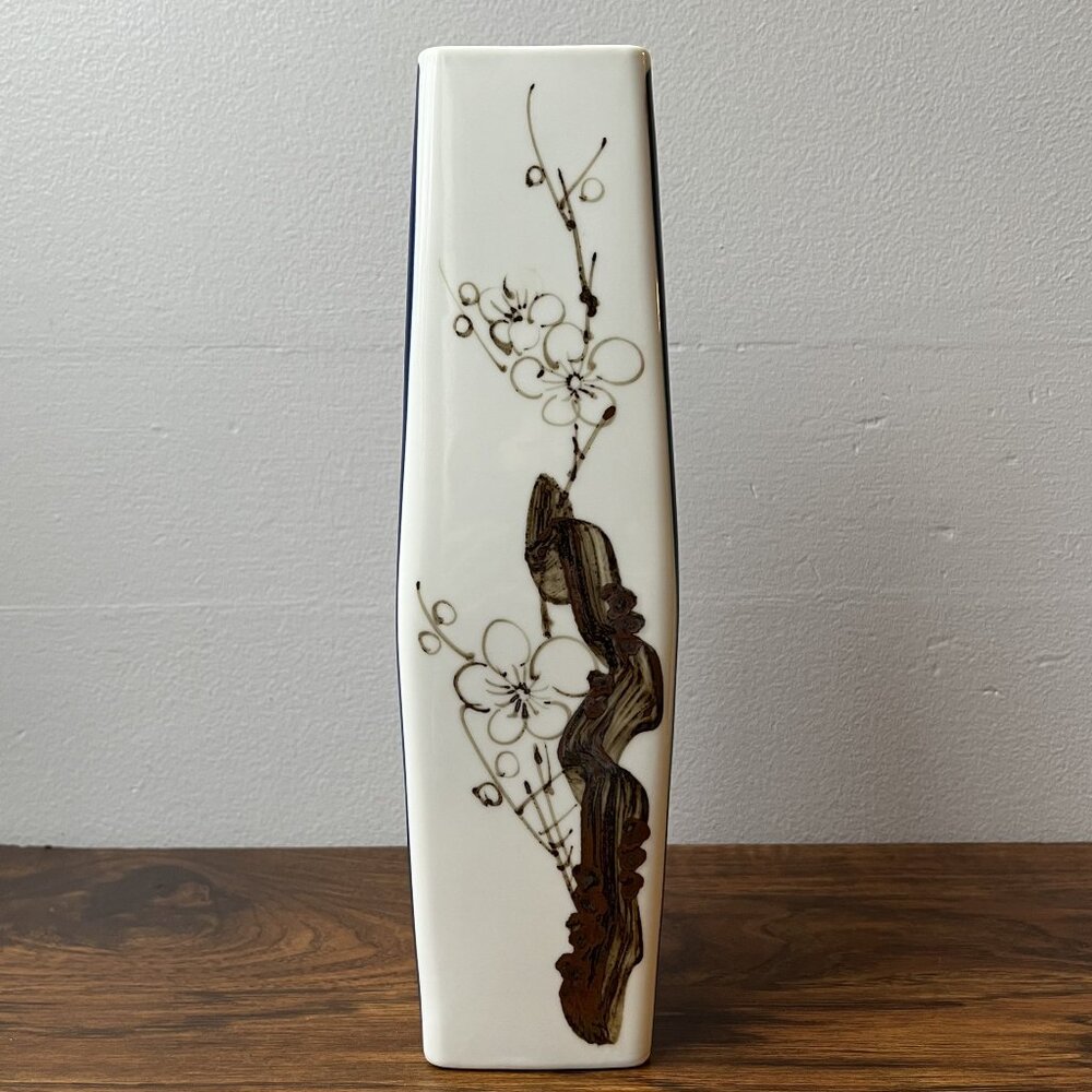 Enesco Rectangular Japanese Vase Cobalt Blue White Sakura 12"